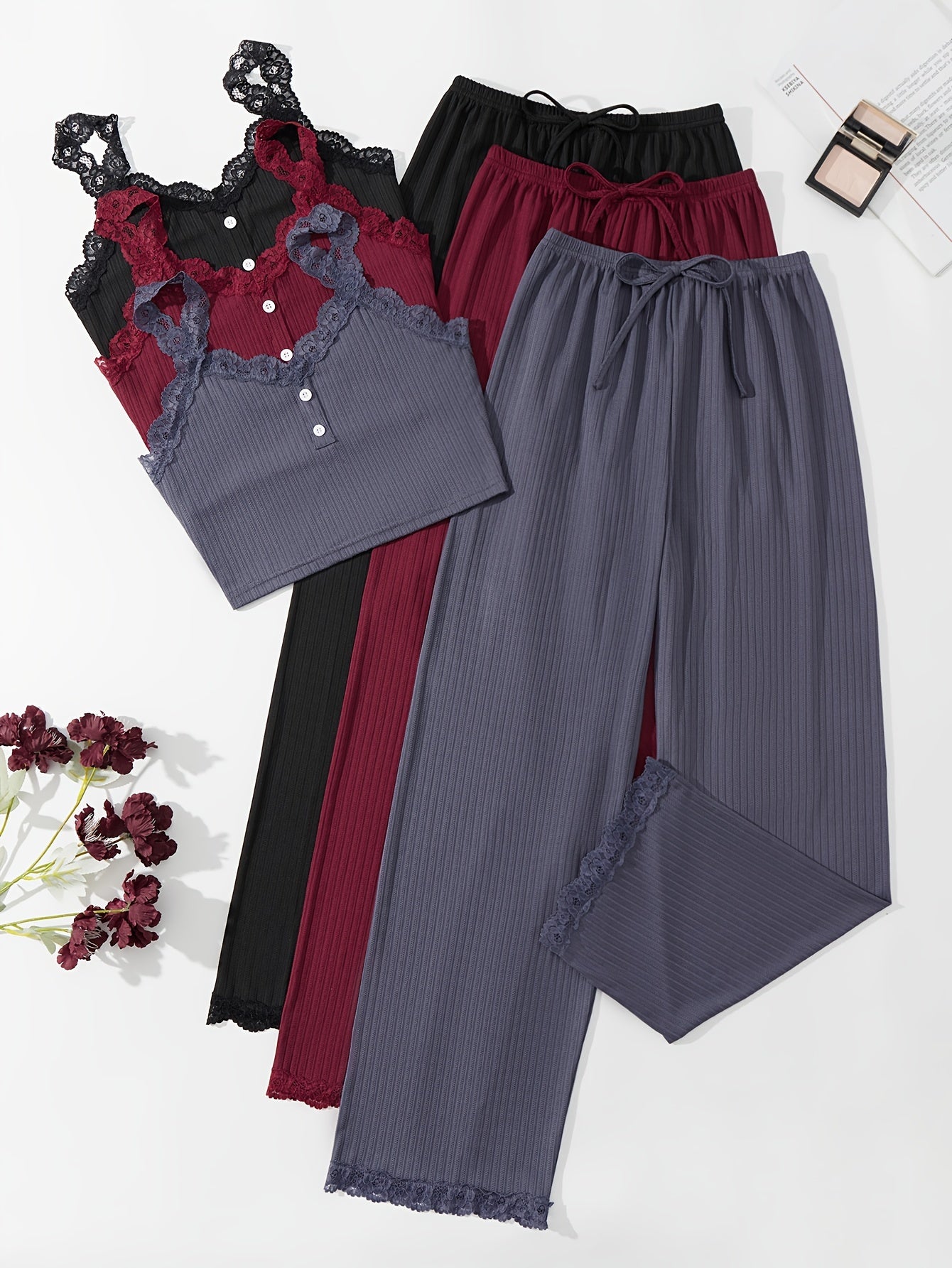 3 Sets Lace Trim Lounge Set, V Neck Cami Top & Elastic Waistband Pants, Women's Loungewear & Sleepwear
